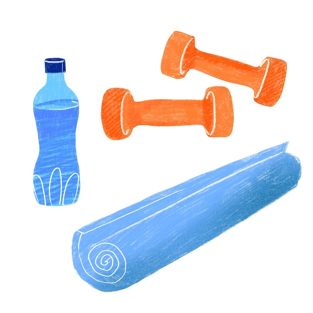 Llustration of sports mat dumbbells and a bottle of water isolated on white background