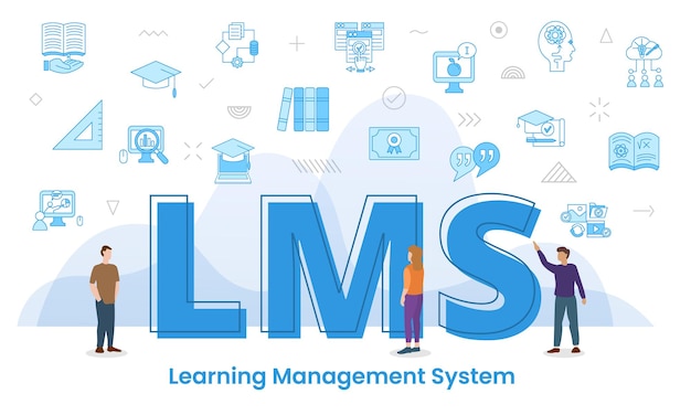 Lms learning management system concept with big words and people surrounded by related icon with blue color style