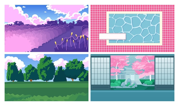 Lo fi design cute kawaii lo fi achtergronden set park zwembad 2d vector cartoon interieur landschap illustraties lofi esthetische behang desktop japanse anime landschap dromerige vibes