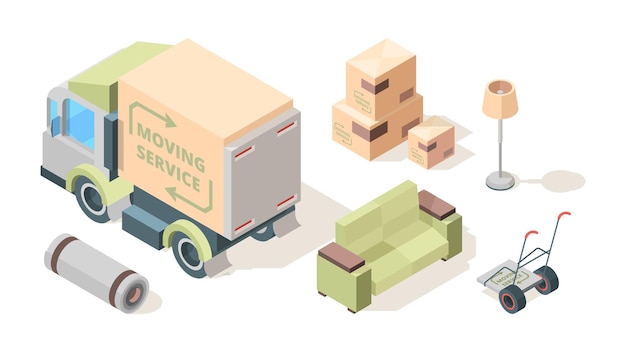ベクトル ローダーサービス。家具車両トラックサービスの人々のベクトルアイソメトリックセットを移動および輸送する商業会社のローダー。引っ越しへのイラスト輸送の専門家