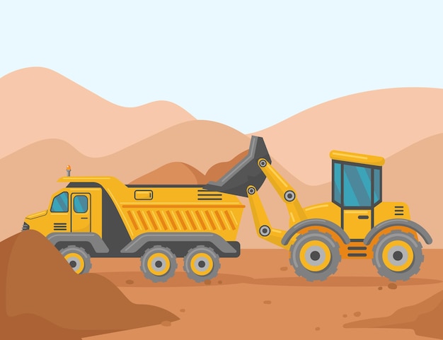 Loader and tipper on construction site cartoon illustration