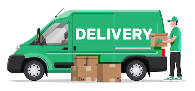 Vector loader unloads the goods from van fast and free delivery service in city courier with parcel box male mover paper cardboard boxes with goods cargo and logistic cartoon flat vector illustration