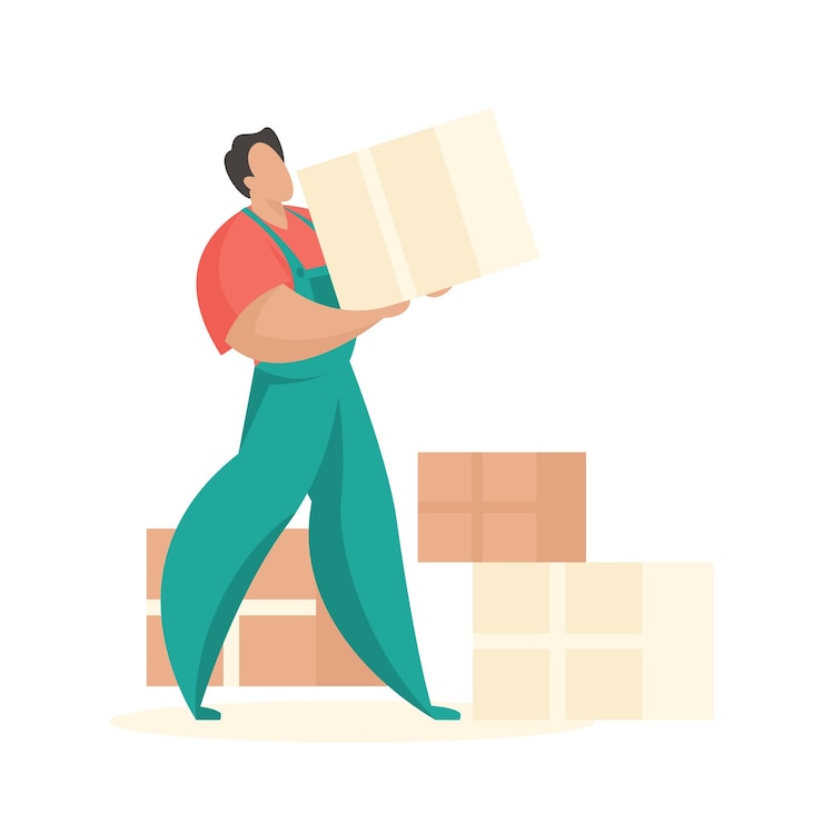 Vector loader with boxes of things professional workers for delivery furniture and interior items