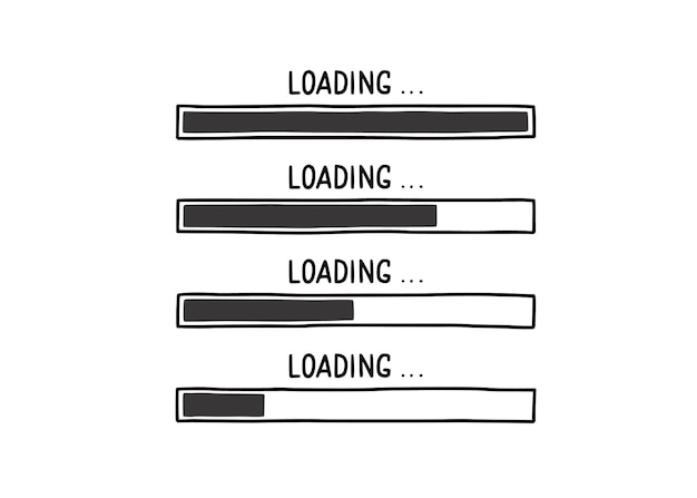 Loading bar doodle element set. Hand drawn line sketch style. Slow download speed, progress status, internet load bar concept. Isolated vector illustration.