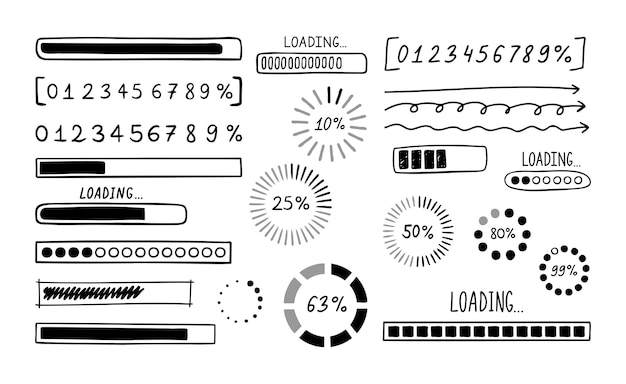 Loading bar doodle set Hand getekend element lijn laden schets stijl Langzame geïsoleerde download snelheid voortgang status en internet load bar concept