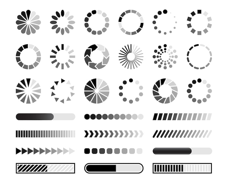 Vector loading bar download progress loader circular buffering status ui elements upload indicator symbols transfer time loading buttons isolated vector set