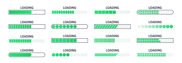 Barra di caricamento scala di caricamento della pagina web dello stato di avanzamento del download e indicatore del tempo di attesa del caricamento insieme di vettori delle barre del buffer di linea