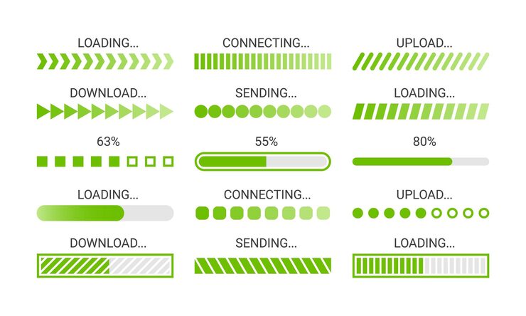 Vector loading bar green download progress loader buffer status ui elements upload download and sending speed indicators time loading screen vector icons