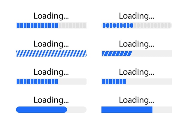 Le icone della barra di caricamento impostano l'indicazione dell'avanzamento del caricamento icone di avanzamento della barra di caricamento aggiornamento del software di sistema e concetto di aggiornamento avanzamento del download simbolo di caricamento dello stato di caricamento della raccolta