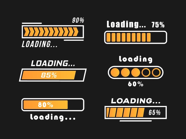 Loading bar progress icons isolated on black