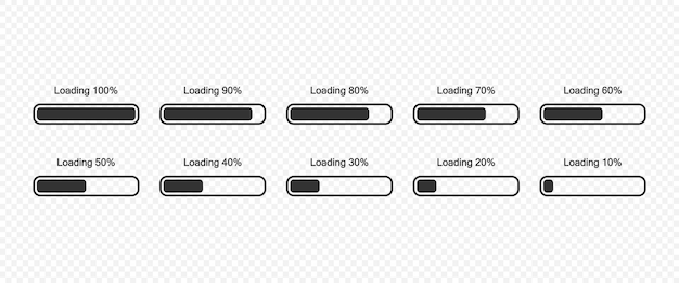 Loading bar progress icons set the loading process is from 10 to 100 percent symbols