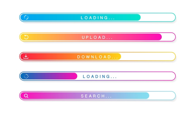 Loading bar set with icons color gradient lines on white backdrop progress visualization loading