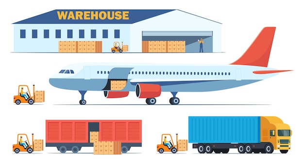 Caricamento di scatole con merci dal magazzino in diversi tipi di trasporto merci