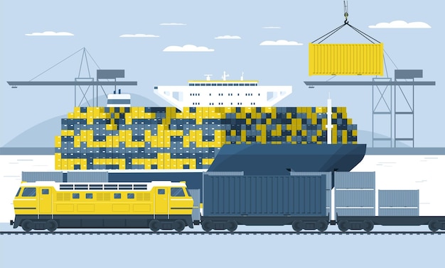 Loading containers on a freight train in the port from a container ship Vector illustration