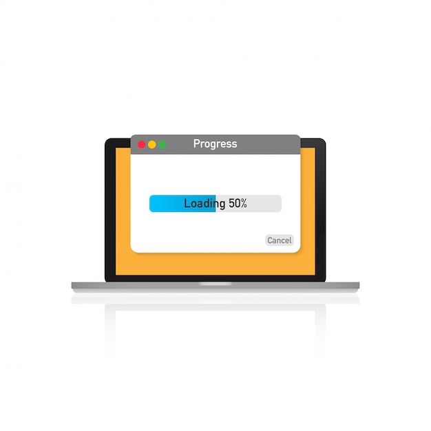 Vettore finestra di caricamento dei dati con barra di avanzamento sullo schermo del laptop
