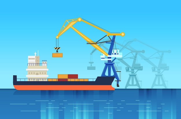 Loading from mooring of freights by means of the crane for further delivery Logistic services for the delivery transportation of goods by water Cargo ship water transport Vector illustration