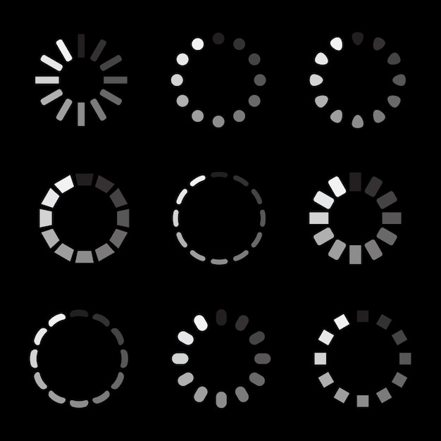 Загрузка набора иконок. Загрузчик, загрузка, прогресс, значок ожидания. Векторная иллюстрация