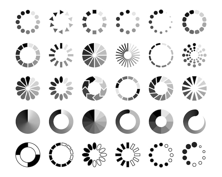 Vector loading icons load progress circle loader ui indicator upload sign download process round interface button circular status reloading bar vector set