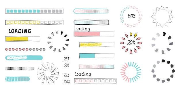 Caricamento dello stile vettoriale della barra di avanzamento in stile doodle icone della barra del cerchio di avanzamento aggiornate