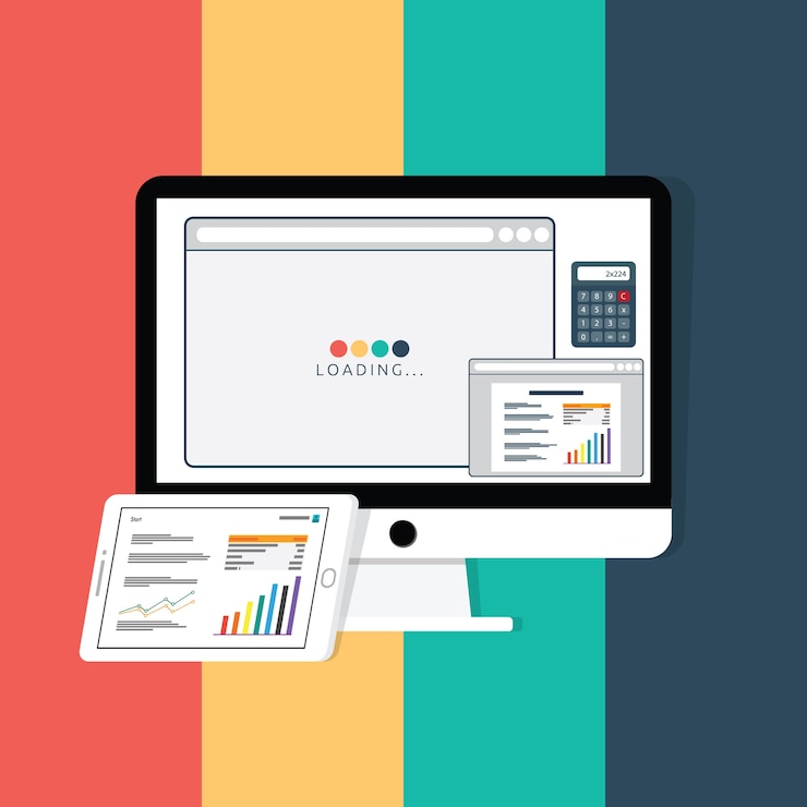 Vector loading web page, finance article on text editing, and calculator on white monitor including graphic and table. business news on tablet screen. flat style vector illustration.