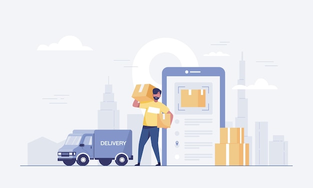 Loading workman carrying box in truck. and  mobile app for tracking order delivery. vector illustration