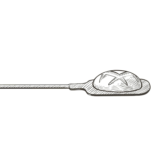 Буханка хлеба на лопатке. запеченный ржаной хлеб из цельного зерна. векторный рисунок реалистичные линии старинный логотип, значок иллюстрации