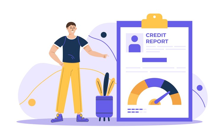 Loan manager concept Credit report document concept Young man standing around credit rating Vector illustration in flat style