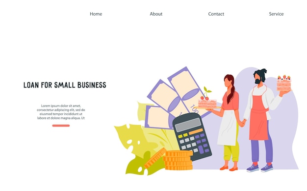 Loan for small business website banner with entrepreneurs flat vector illustration