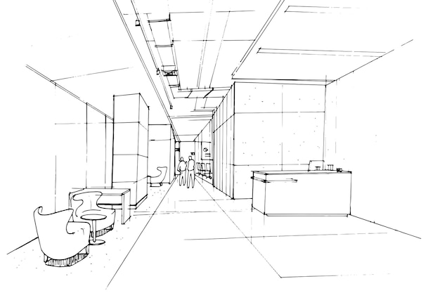 Lobby kantoorruimte schets tekening kantoor receptie modern design vector 2d illustratie