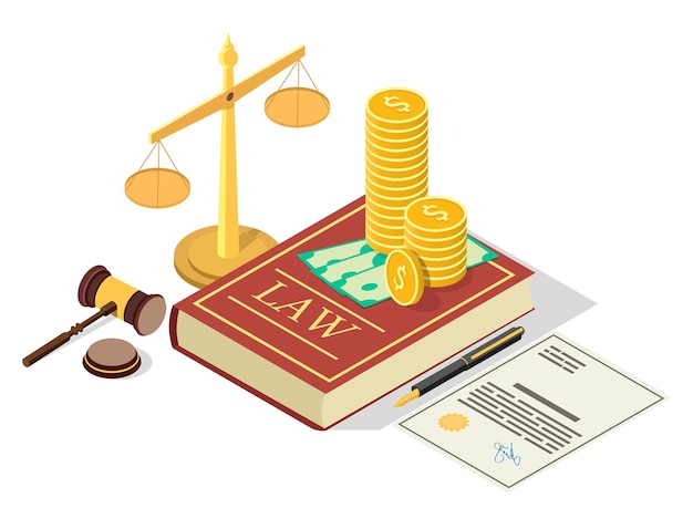 Lobbying vector concept illustration isometric juridical symbols law book with money scales of justice judge gavel political corruption law promotion composition for web banner website page etc