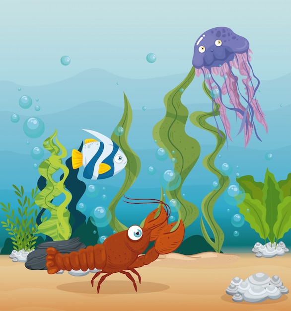 바다의 바다 가재 및 해양 동물, 씨월드 거주자, 귀여운 수중 생물, 해저 동물 군