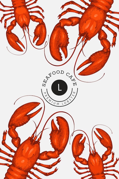 Vector lobster colored banner. engraved style. vintage sea animal background