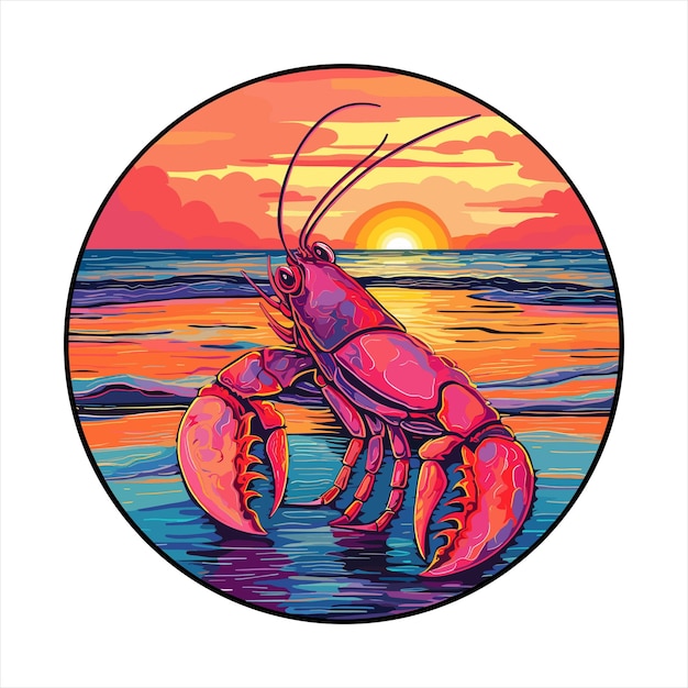 Lobster colorful cartoon kawaii character beach sunset animal pet sticker isolated illustration