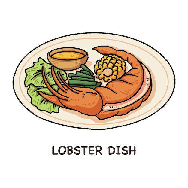 Lobster Dish Seafood Delicious in Handdrawn Cartoon Simple Illustration Style