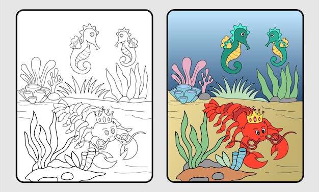 Vettore educazione del libro da colorare del re dell'aragosta per i bambini e l'illustrazione di vettore della scuola elementare