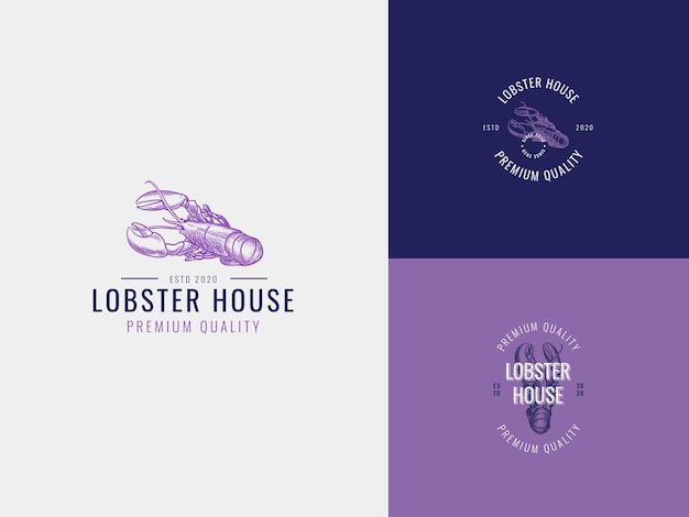 Modello di logo con disegno a mano di pesce aragosta con tipografia vintage premium