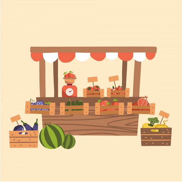 Local autumn products at farmers market. organic fruits, vegetables at wooden market stall. counter with scales. flat  illustration.