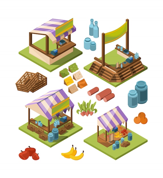 Local farm isometric, Food marketplaces with meat vegetables fish grocery country store  isolated