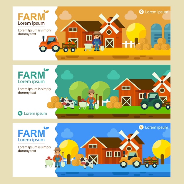 Vettore set di banner piatto paesaggio dell'azienda agricola locale. illustrazione