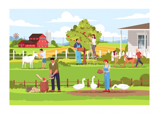 Local farm production semi flat illustration. ranch activities. people feed geese. kids play with dog. man cut wood. summertime vacation. farmers 2d cartoon characters for commercial use