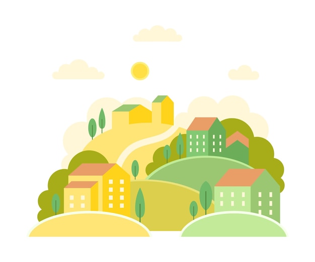 local landscape with urban houses hills and trees as cozy scenery of neighborhood vector