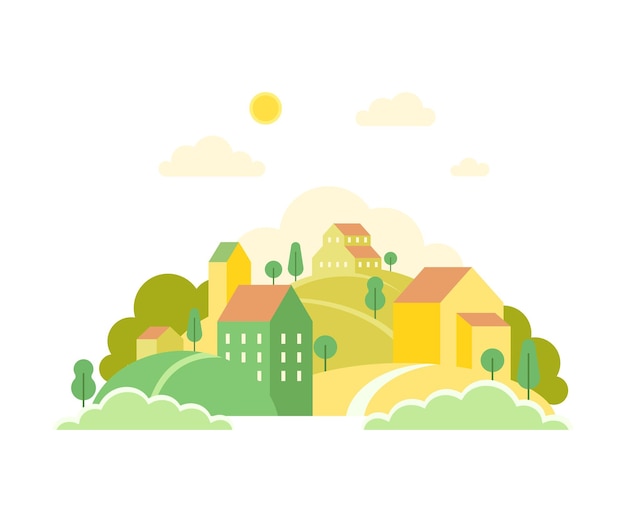 local landscape with urban houses hills and trees as cozy scenery of neighborhood vector