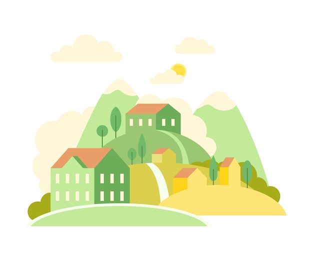 local landscape with urban houses hills and trees as cozy scenery of neighborhood vector