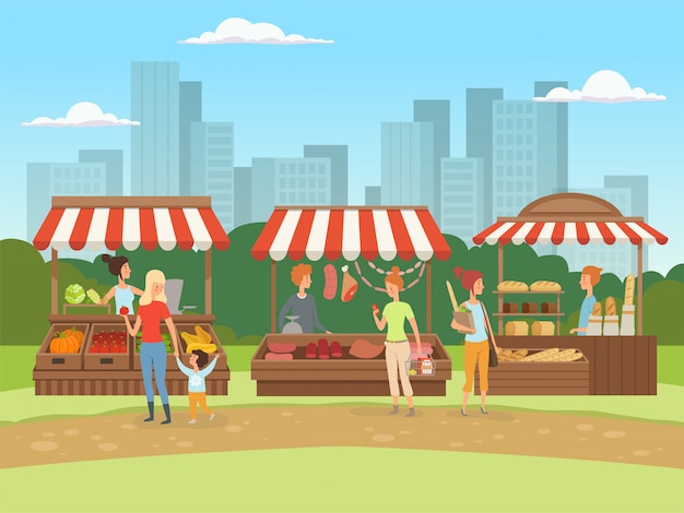Vector local market. food outdoor places in urban landscape bazaar owners with fruits vegetables meat and milk cartoon background