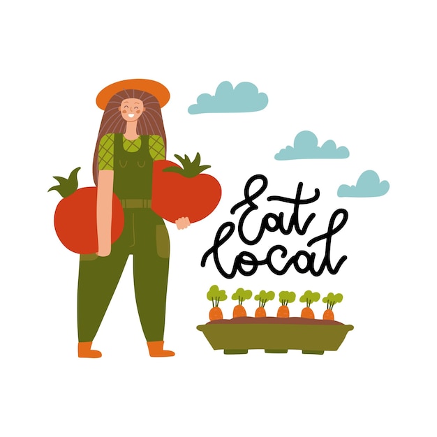지역 유기농 생산 만화 벡터 일러스트 레이 션. 먹다 로컬 - 레터링 인쇄. 거 대 한 야채와 함께 현대 평면 스타일의 여성 농부. 큰 토마토를 들고 여성 정원사입니다.