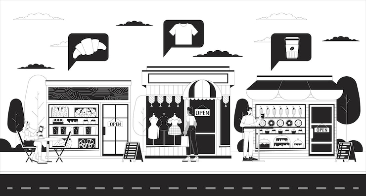 Vector local small businesses black and white 2d illustration concept