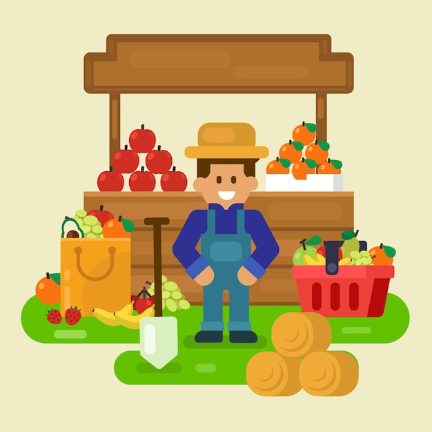 Local store, fresh fruit with merchant  illustration