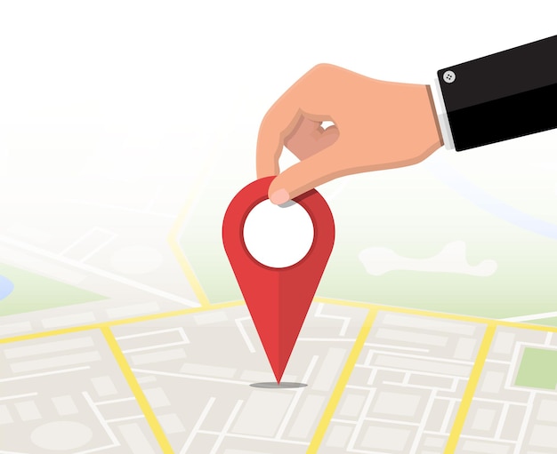 Locatie pin in de hand en kaart. Stadsplattegrond met huizen, parken, straten en wegen. Luchtfoto van de stad. GPS, navigatie en cartografie. Vectorillustratie in vlakke stijl