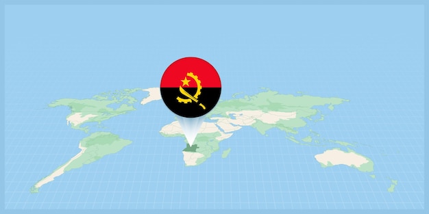 Locatie van Angola op de wereldkaart gemarkeerd met de vlagpin van Angola
