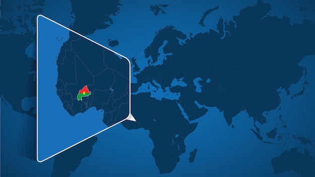 Locatie van Burkina Faso op de wereldkaart met vergrote kaart van Burkina Faso met vlag